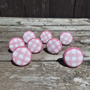 Pink and White Ceramic Gingham Check Drawer Pulls, Set of 8, Handpainted Checked Plaid Domed Top Knobs, Original Mounting Screws Included