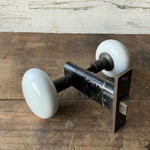 Antique White Porcelain Door Knob Set, Mortise Door Latch Catch with Beveled Bolt, Cast Iron and Brass Door Hardware, Architectural Salvage