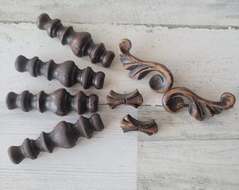 Decorative Turned Wood Accents. Hand Carved Wood Elements, One Sided Trim, 1/2 Round Spindles Bowties and Corbels, Architectural  Salvage