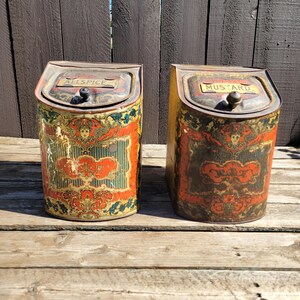 Antique Ginna & Co Countertop Tin Storage Containers with Hinged Lid, General Store Tin, Lg 19th Century Lithograph Bin to Hold Bulk Spices