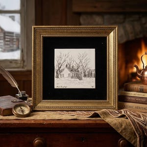 May include: A square framed artwork featuring a black and white ink sketch of a house surrounded by bare trees. The artwork is encased in a decorative gold frame with a black mat, centred on a wooden surface with books and a copper kettle.