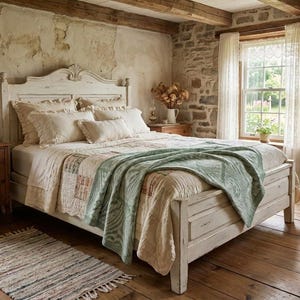 Peut inclure: Chambre rustique avec un lit blanc et une tête de lit. Le lit est recouvert d'une courtepointe patchwork et d'un plaid vert clair. La pièce présente des murs en pierre, un parquet et un petit tapis. Une table de chevet avec une lampe est visible.