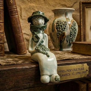 Puede incluir: Figura de cerámica azul claro y verde de una figura sentada con sombrero y bufanda, sosteniendo un racimo de uvas. Un jarrón, libros y un retrato enmarcado están en el fondo. Una placa de latón dice "1990's POP CULTURE CERAMICS - C. 1990-1999."