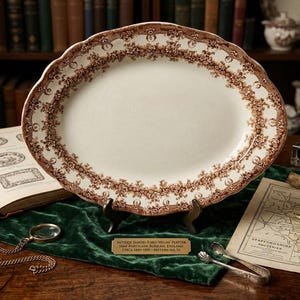 May include: An antique oval porcelain platter with a cream-colored center and a brown floral border. The platter is displayed on a stand, with a magnifying glass and an open book nearby. The platter is from Burslem, England.