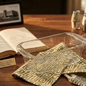 Puede incluir: Una fuente para pan Pyrex de vidrio transparente se encuentra sobre un paño de cocina con estampado verde y blanco. Un libro de cocina abierto, una foto en blanco y negro enmarcada y saleros y pimenteros también están sobre la superficie de madera.