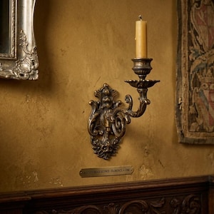 Puede incluir: Aplique de latón ornamentado con una vela encendida, montado en una pared dorada texturizada. El aplique presenta detalles intrincados y un brazo curvo. Una pequeña placa debajo dice "ANTIQUE BRASS SCONCE - FLORENCE c. 1760".