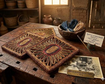 Vintage Woven Raffia Sunflower Trivets Set of 3 Boho Kitchen Decor Mid Century 1970s