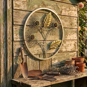 Vintage Metal Wall Planter Round Floral Sconce 3 Pot Holder Rustic Boho Decor 14"