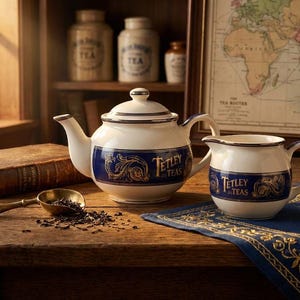 Puede incluir: Un juego de tetera y jarra para leche blancos con detalles azules y dorados, con el texto "Tetley Teas". Una cuchara de té de latón y hojas de té sueltas sobre una mesa de madera, junto a un libro y un mapa.