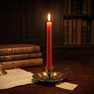 May include: A burning red candle in a brass holder on a wooden table. Nearby are three leather-bound books, a brass inkwell with a feather, and a handwritten paper. A library with books is in the background.