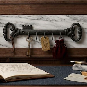 May include: A vintage-style key holder in the shape of a large key. The black metal rack has six hooks and is mounted on a marble-effect panel. Several keys and a small pouch hang from the hooks. A notebook, pen, and wax seal are on the desk.