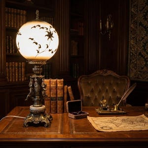 May include: An antique desk lamp with a floral design on the globe sits on a wooden desk. The lamp has a detailed base. The desk is in a library setting with books and a map. The room has a classic feel.