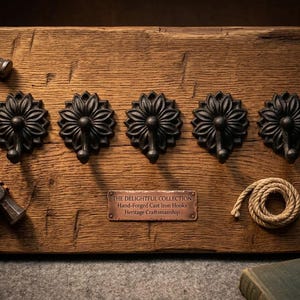 Puede incluir: Cinco ganchos de hierro fundido negro con un diseño floral están montados en una tabla de madera envejecida. La tabla también presenta una cuerda enrollada, una pequeña placa de cobre y herramientas, incluido un martillo. La placa dice "THE DELIGHTFUL COLLECTION".