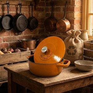 Könnte beinhalten: Ein orangefarbener emaillierter gusseiserner Bräter mit leicht geöffnetem Deckel auf einem Holztisch. Die Küchenszene umfasst hängende gusseiserne Pfannen, Kupfertöpfe und eine Holzkiste mit Gemüse.