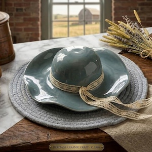 Vintage Ceramic Sun Hat Wall Hanging Decorative Blue Grey Pottery Hat Cottagecore Decor