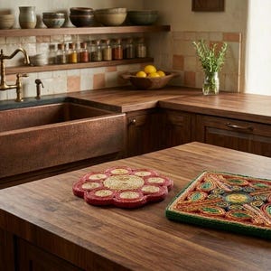 May include: A kitchen scene with a copper sink and wooden countertops. Two decorative trivets are on the countertop: one is a red and tan flower shape, and the other is a square with a green border and colorful design.