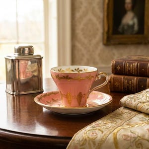 May include: A pink teacup and saucer set with gold floral detailing sits on a dark wooden table, next to a silver tea caddy. A decorative cloth and antique books are also on the table. The teacup has a delicate handle.