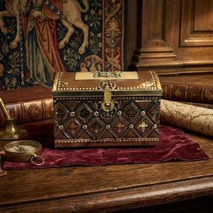 May include: An ornate treasure chest with gold detailing and a fleur-de-lis design. It rests on a red velvet cloth, accompanied by books, a compass, and a rolled map, creating a vintage atmosphere. The chest is likely made of wood.