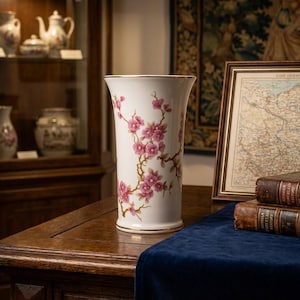 Könnte beinhalten: Eine weiße Keramikvase mit goldenem Rand, verziert mit rosa Blütenzweigen. Die Vase steht auf einem Holztisch mit blauem Tuch, neben antiken Büchern und einer gerahmten Karte. Die Vase ist etwa 25 cm hoch.