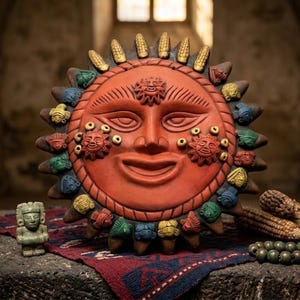 Puede incluir: Una escultura de rostro solar de terracota con una expresión sonriente, rodeada de acentos coloridos. El sol tiene un rostro detallado y está rodeado de formas similares al maíz. También hay una pequeña estatua verde y mazorcas de maíz.