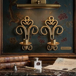 May include: Two gold-toned metal wall sconces with scrollwork designs, each featuring a central candle cup. The sconces are mounted on a dark panel with floral and dragon motifs, positioned above a stack of antique books and a small inkwell.