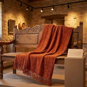 May include: A vintage wooden bench with a detailed back, covered by a terracotta-coloured fringed throw. The setting is a stone-walled room, with pottery and baskets on display, evoking a rustic, historical atmosphere.