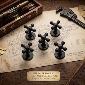 May include: A vintage display with six black, cross-shaped faucet handles, a map, a wooden box with a brass instrument, a wrench, and a book. The brass plate reads "THE WATERWORKS HERITAGE COLLECTION: Forged Cast Iron - C. 1910."