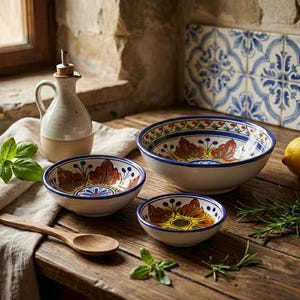 May include: A rustic kitchen scene features three ceramic bowls with colorful floral designs, a wooden spoon, and a cruet. Fresh basil and rosemary sprigs are arranged on a wooden table, with two lemons and decorative tiles in the background.