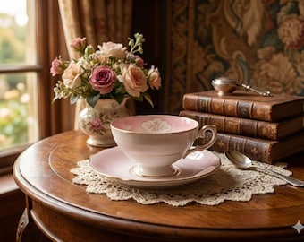 May include: A vintage tea set with a pink teacup and saucer, a silver spoon, and a bouquet of roses on a wooden table. A stack of antique books and a floral vase are also present.