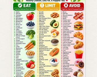 Puede incluir: Una tabla nutricional titulada LOW FAT FOOD LIST con tres columnas etiquetadas como EAT, LIMIT y AVOID. La tabla utiliza un código de colores verde, amarillo y rojo para clasificar los alimentos con listas de texto e imágenes ilustrativas.
