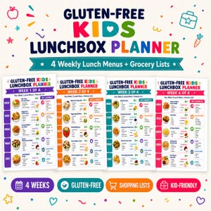 Könnte beinhalten: Ein digitaler Planer mit dem Titel Gluten-Free Kids Lunchbox Planner, der vier wöchentliche Mittagsmenüs und Einkaufslisten enthält. Das Dokument bietet farbenfrohe Überschriften, tägliche Essensvorschläge und strukturierte Einkaufslisten.