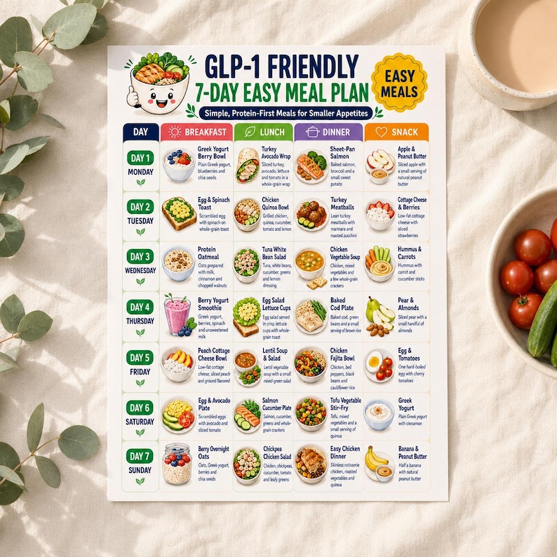 May include: A printed 7-day meal plan chart titled GLP-1 Friendly 7-Day Easy Meal Plan. The grid displays breakfast, lunch, dinner, and snack options for each day of the week, featuring colorful illustrations of food items and descriptive text.