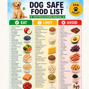 Lista över säkert foder för hundar att skriva ut, säkert livsmedel för hundar, hundfodertabell i PDF-format, ätgränser, undvik, guide till husdjursvård.
