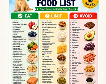 Puede incluir: Una infografía de Dog Safe Food List con un cachorro golden retriever y una insignia amarilla de Paw Smart. El gráfico se divide en tres columnas: Eat en verde, Limit en amarillo y Avoid en rojo, enumerando varios alimentos con iconos.