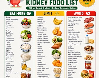 Puede incluir: Una infografía titulada Low Protein Kidney Food List con un personaje de riñón animado. El gráfico se divide en tres columnas: Eat More en verde, Limit en amarillo y Avoid en rojo, listando varios alimentos con sus ilustraciones.