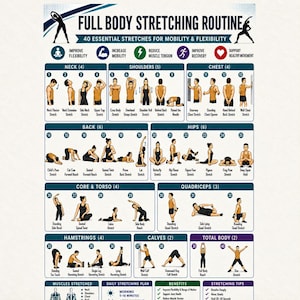 Peut inclure: Une affiche pédagogique blanche intitulée Full Body Stretching Routine présentant 40 illustrations numérotées de personnes effectuant divers étirements pour le cou, les épaules, la poitrine, le dos, les hanches, le tronc, les jambes et le corps.