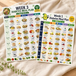 K&ouml;nnte beinhalten: Zwei gedruckte Papiertabellen mit den Titeln Week 3 Diabetes Meal Plan Days 15-21 und Week 1 Diabetes Meal Plan Days 1-7. Jede Tabelle zeigt ein Raster mit t&auml;glichen Mahlzeitenvorschl&auml;gen, illustriert durch kleine Symbole f&uuml;r verschiedene Lebensmittel.
