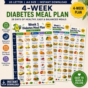 4-Wochen-Diabetes-Ernährungsplan zum Ausdrucken, 28-Tage-Diabetes-Menü, A4- und US-Letter-PDF Bild 1
