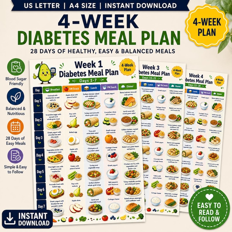 4-Wochen-Diabetes-Ernährungsplan zum Ausdrucken, 28-Tage-Diabetes-Menü, A4- und US-Letter-PDF Bild 1