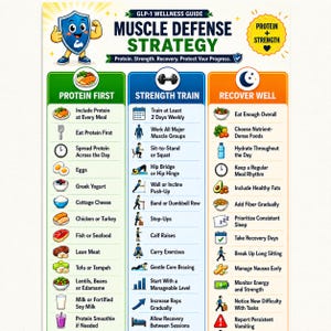Peut inclure: Un guide de bien-être GLP-1 intitulé Muscle Defense Strategy avec trois colonnes : Protein First, Strength Train et Recover Well. Le tableau comprend des icônes et des listes de texte pour les habitudes alimentaires, les exercices et la santé.