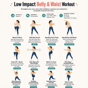 Low Impact Belly & Waist Workout Printable | Standing Exercise Chart | Home Workout for Women | Beginner Fitness PDF A4 US Letter