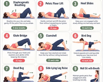 Puede incluir: Un póster instructivo titulado Pelvic Floor Exercises for Women que presenta doce ilustraciones numeradas de una persona con top rosa y leggings azul oscuro realizando diversos movimientos físicos, incluyendo respiración, puentes y sentadillas.