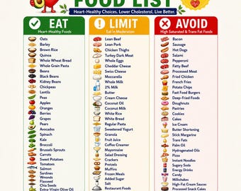 Puede incluir: Una tabla de lista de alimentos bajos en colesterol con tres columnas tituladas Eat, Limit y Avoid. Incluye un personaje de corazón de dibujos animados sosteniendo un aguacate, una insignia amarilla de salud cardíaca y listas de alimentos.
