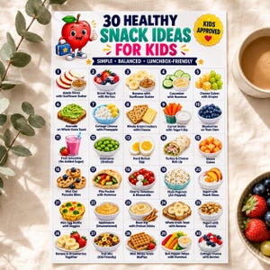 Puede incluir: Un p&oacute;ster informativo blanco titulado 30 Healthy Snack Ideas For Kids que presenta un personaje de manzana de dibujos animados y una cuadr&iacute;cula numerada de treinta combinaciones de alimentos que incluyen frutas, verduras, l&aacute;cteos y granos.