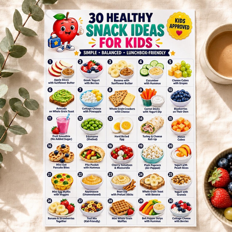Puede incluir: Un p&oacute;ster informativo blanco titulado 30 Healthy Snack Ideas For Kids que presenta un personaje de manzana de dibujos animados y una cuadr&iacute;cula numerada de treinta combinaciones de alimentos que incluyen frutas, verduras, l&aacute;cteos y granos.