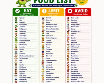 Puede incluir: Una lista de alimentos para la dieta de la diabetes con un personaje de brócoli. Está dividida en tres columnas: Eat (verde), Limit (amarillo) y Avoid (rojo), cada una con listas de alimentos con iconos y etiquetas de texto.