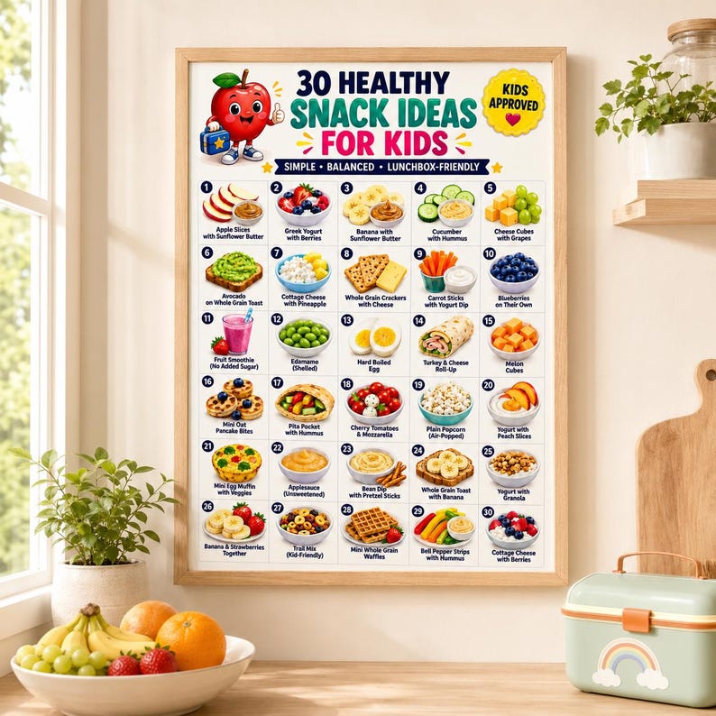 Puede incluir: Un p&oacute;ster educativo enmarcado titulado 30 Healthy Snack Ideas For Kids, que presenta un personaje de manzana de dibujos animados e ilustraciones numeradas de varias combinaciones de alimentos con etiquetas de texto descriptivas.