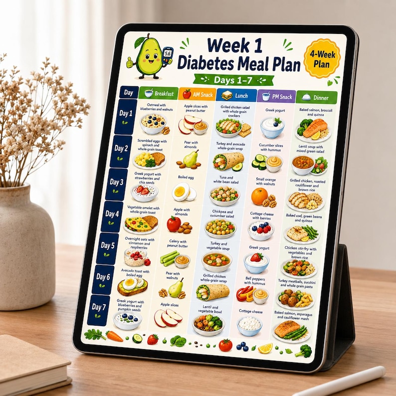 K&ouml;nnte beinhalten: Ein digitales Tablet mit einem Diabetes-Ern&auml;hrungsplan f&uuml;r Woche 1. Das Raster zeigt sieben Tage mit Fr&uuml;hst&uuml;ck, Mittagessen, Abendessen und Snacks, illustriert mit Lebensmitteln, einer Avocado-Cartoonfigur und dem Text 4-Week Plan oben rechts.