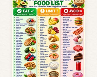 Puede incluir: Una tabla nutricional titulada High Triglycerides Food List con tres columnas: Eat, Limit y Avoid. La columna Eat es verde, Limit es amarilla y Avoid es roja. Cada sección enumera alimentos específicos con sus ilustraciones.