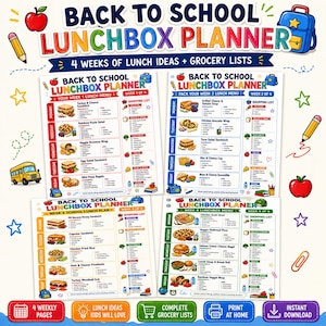 Könnte beinhalten: Ein vierteiliger Back to School Lunchbox Planner mit wöchentlichen Menüplänen und Einkaufslisten. Jede Seite enthält tägliche Mittagsideen mit Zutaten, Beilagen und einer Einkaufsliste. Das Design ist mit bunten Schulmotiven illustriert.